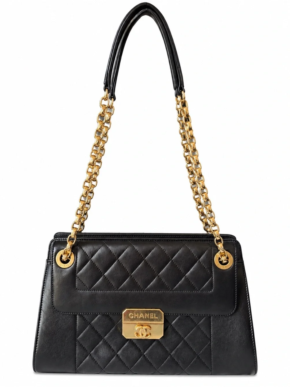 CHANEL Black Quilted Leather Shoulder Bag with Gold Hardware